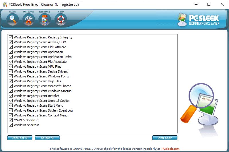 PCSleek Error Cleaner下载,系统修复,注册表